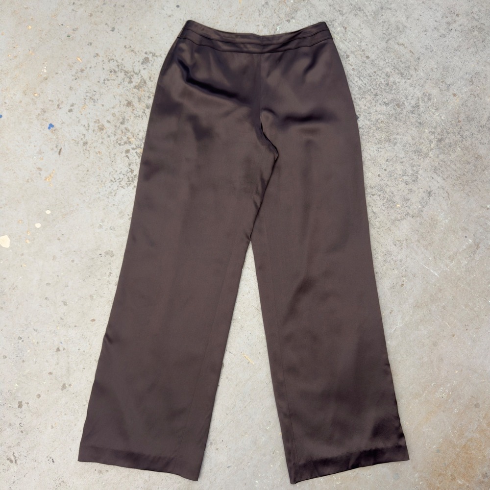 Talbots Pure Silk Wide Leg Trousers Brown Satin Side Zip Dress Pants Size 8